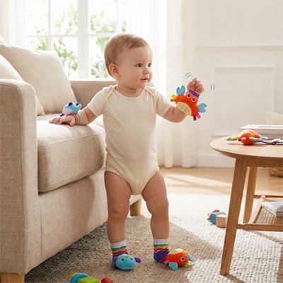 bebe debout devant canape hochet bebe chaussettes poignets