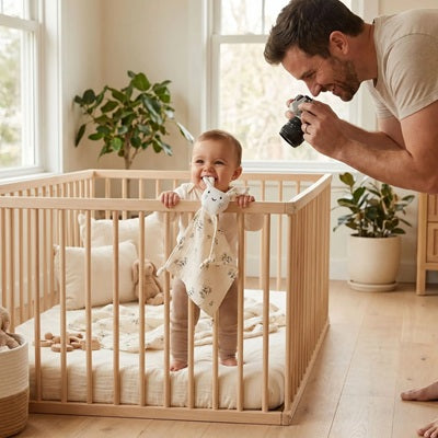 bebe debout parc tient bouche doudou lapin papa photographie