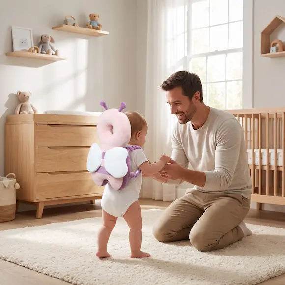 bébé debout porte coussin peluche anti chute papa tient bébé