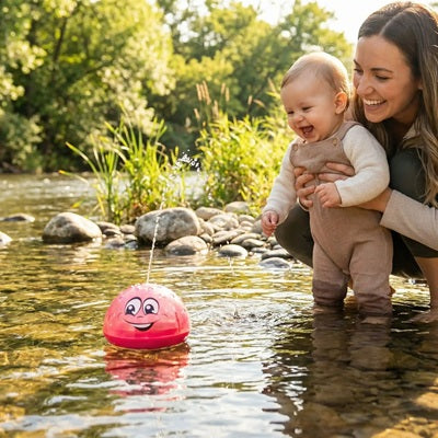 bebe debout riviere avec maman regarde jouet de bain bebe