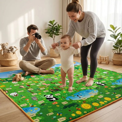 bebe debout tapis marche avec maman tient papa assis photographie