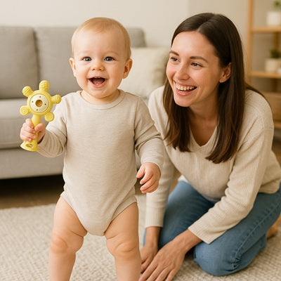 bebe debout tient hochet bebe jaune