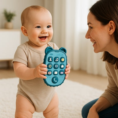bebe debout tient jouet bebe 1 an telephone maman sourit