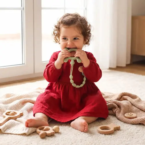 bébé dix huit mois assis mord anneau dentition bébé attaché