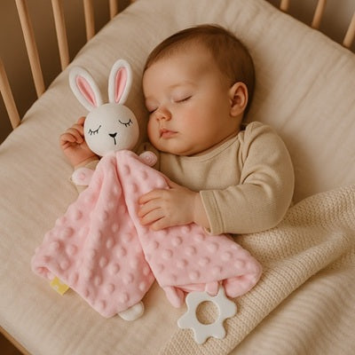 bebe dort avec doudou bebe lapin rose dans bras
