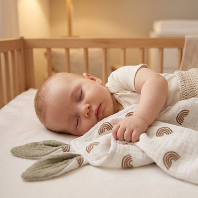 bebe dort berceau avec doudou bebe sous son bras