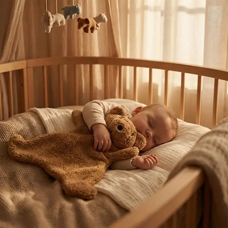 bébé dort berceau doudou naissance ourson brun bras