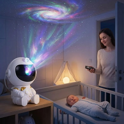 bebe dort berceau maman tient télécommande veilleuse projection bebe