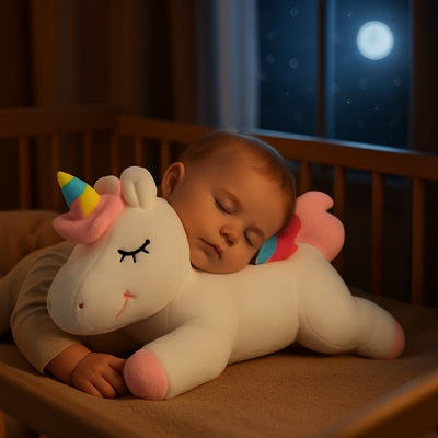 bebe dort berceau tete sur peluche licorne