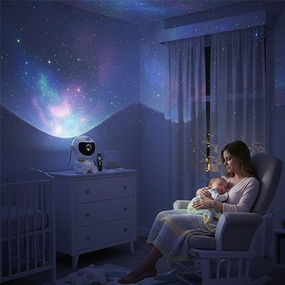 Bébé dort bras maman veilleuse projection bebe posée commode cosmos