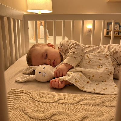 bebe dort doudou lapin fleurs jaunes berceau lumiere tamisee