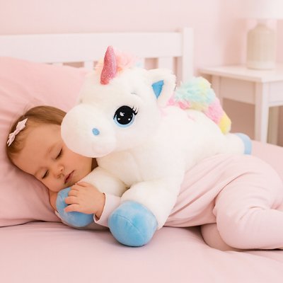 bebe dort lit avec licorne peluche posee sur bebe
