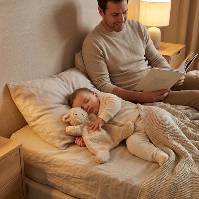 bebe dort lit doudou naissance agneau papa assis regarde livre