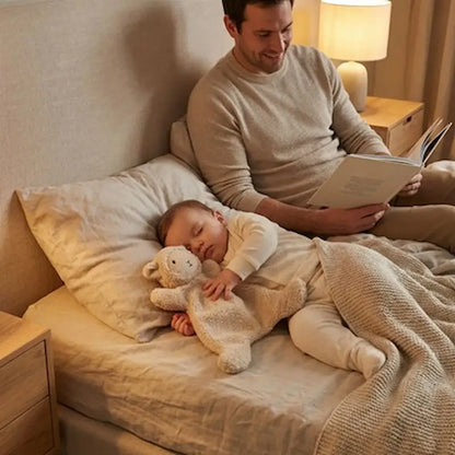 bébé dort lit doudou naissance agneau papa assis regarde livre