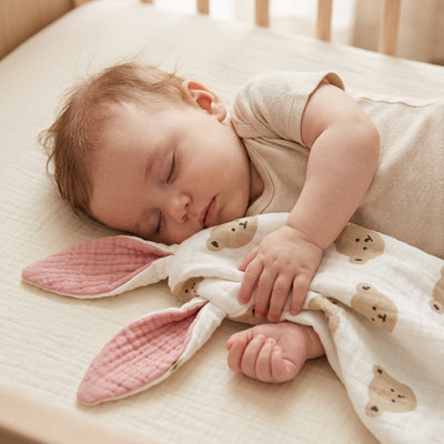bebe dort paisiblement doudou bebe oreilles roses dans bras