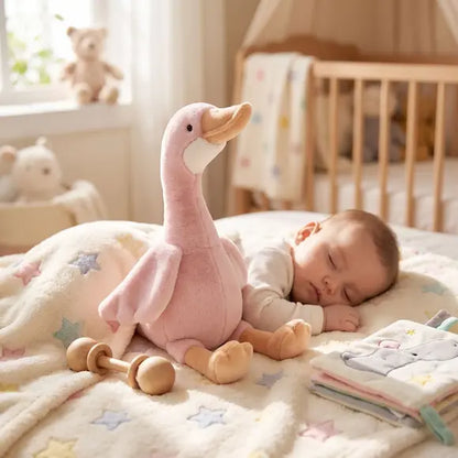bébé dort peluche bebe oie rose assise près bebe