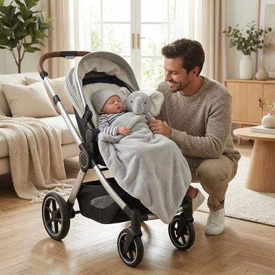 bebe dort poussette avec doudou pour bebe elephant papa sourit
