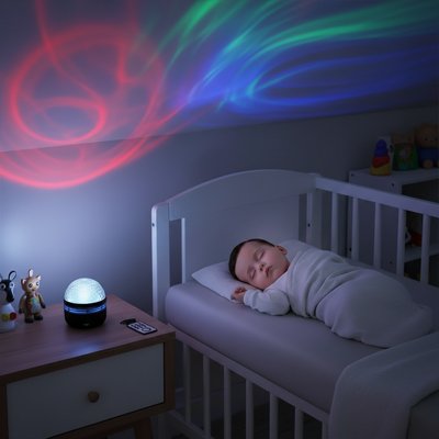 bébé dort sereinement berceau veilleuse projection bebe table chevet