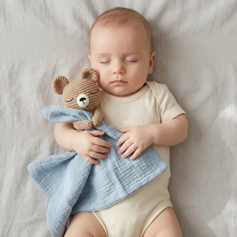 bébé dort sur dos avec doudou bébé ourson tissu bleu