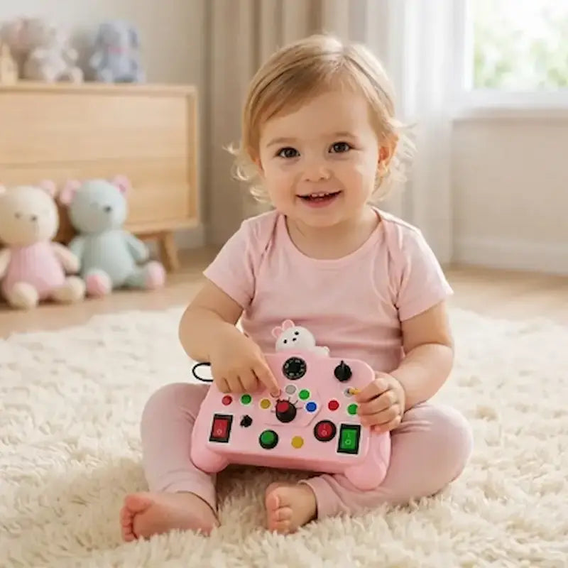 bebe fille assis tapis joue busy board bebe rose 