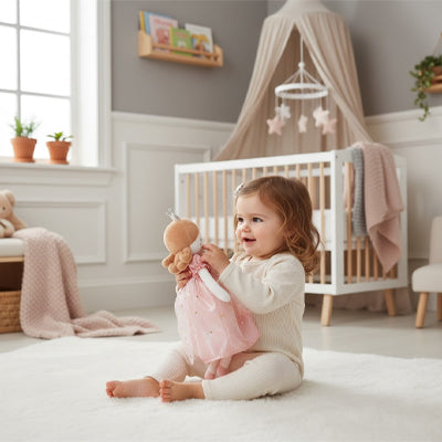 bebe fille assise tapis chambre tient dans mains peluche doudou