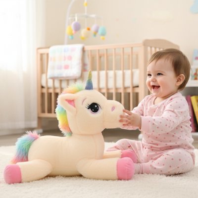 bebe fille pyjama assise avec licorne peluche