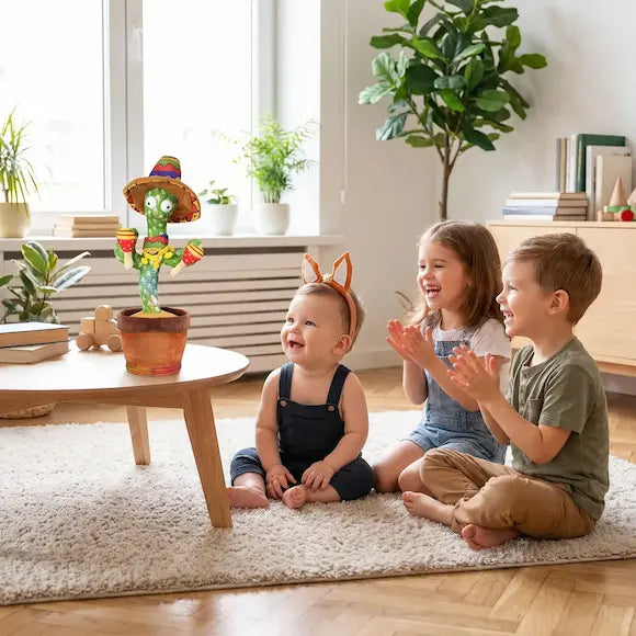 bébé frère soeur regardent applaudissent peluche interactive cactus lumineux