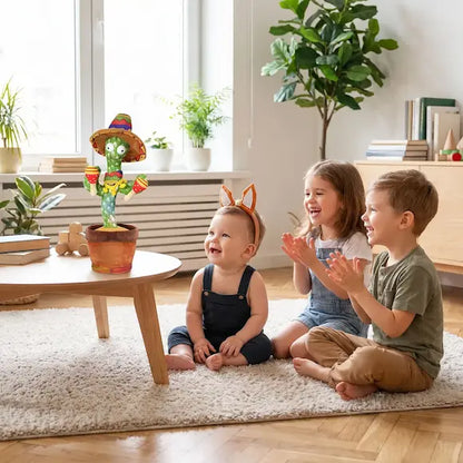 bébé frère soeur regardent applaudissent peluche interactive cactus lumineux