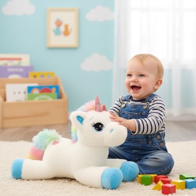 bebe garcon assis chambre avec licorne peluche