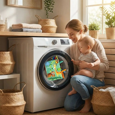 bebe genou maman regarde livre bebe en tissus machine laver