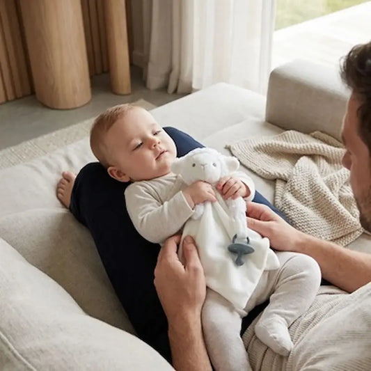 bébé genou tient doudou bebe regarde papa assis canapé