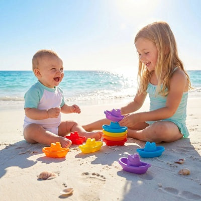 bebe grande soeur assis plage jouent jouet de bain bebe