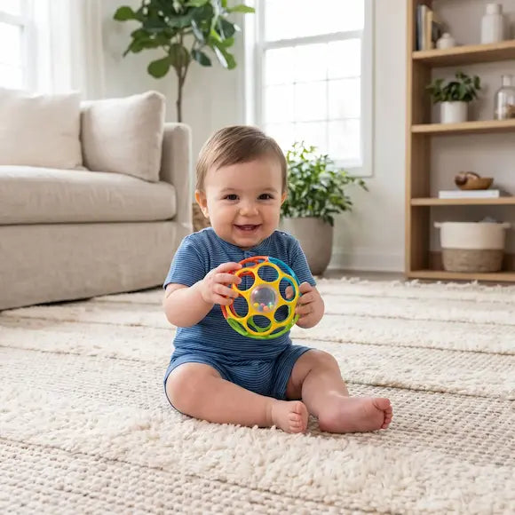 bébé grenouillère bleue assis tapis tient balle sensorielle bebe