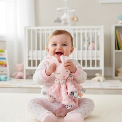 bebe heureuse assis tient oreilles doudou bebe lapin rose