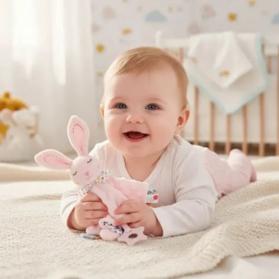 bebe heureux allonge ventre tient doudou bebe lapin rose