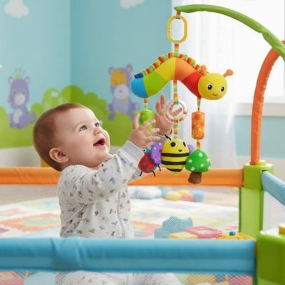 bebe heureux assis parc attrape elements suspendus hochet bebe chenille
