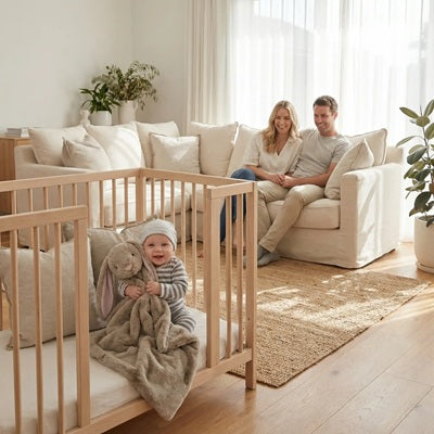 bebe assis parc caline doudou pour bebe lapin parents sourient