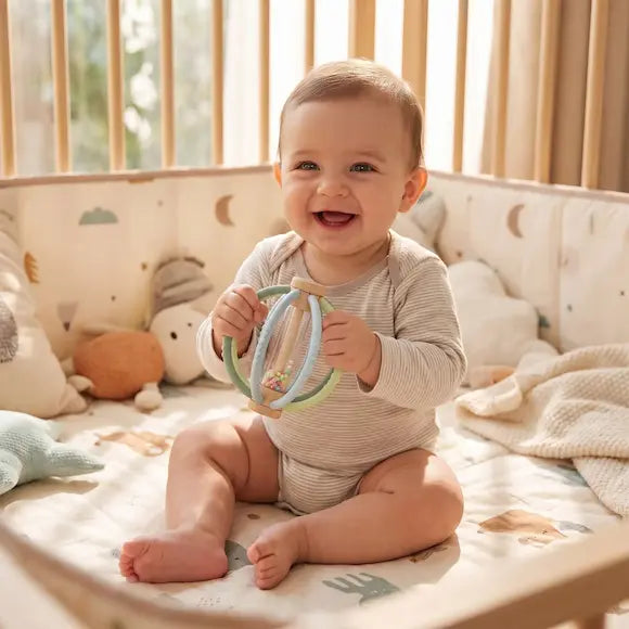 bébé heureux assis parc tient hochet pour bebe
