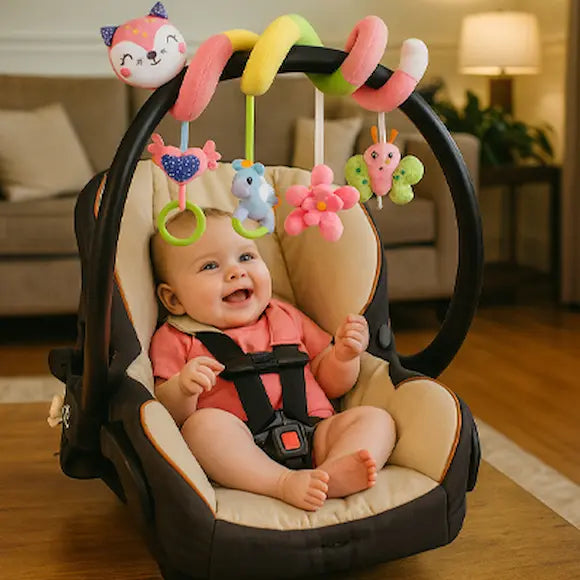 bébé heureux assis siège auto regarde spirale d activité bébé