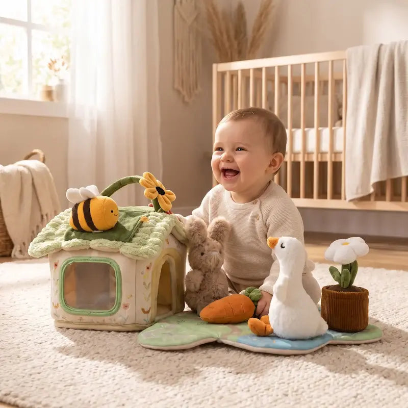 bébé heureux assis tapis joue cube d activite bebe