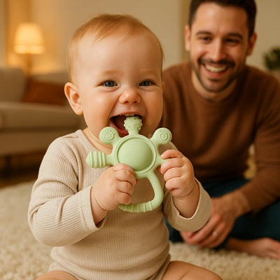 bebe heureux assis tapis mord anneau de dentition papa rit