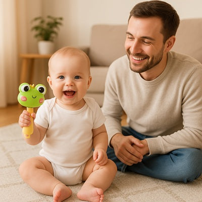 bebe heureux assis tapis tient hochet pour bebe papa sourit