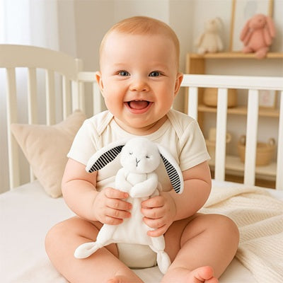 bebe heureux assis tient doudou bebe dans mains