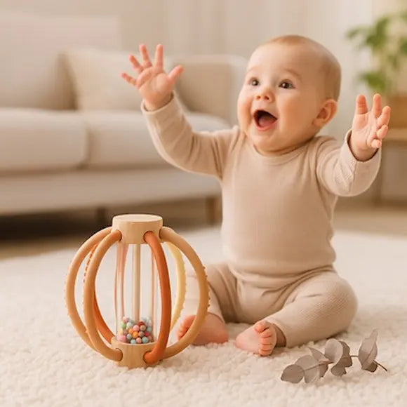 bébé heureux lève mains assis près hochet pour bebe