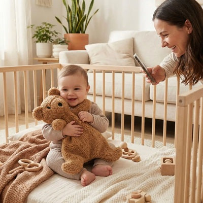 bebe heureux parc caline doudou naissance ourson maman fait photo