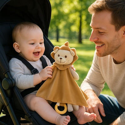 bebe heureux poussette joue doudou bebe papa regarde bebe