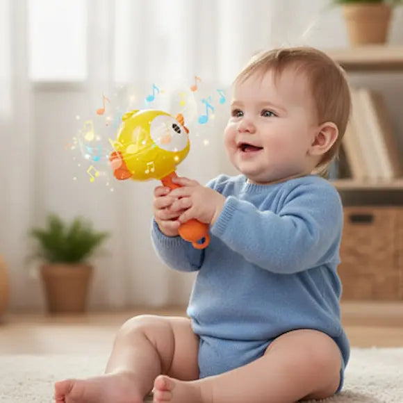 bébé heureux secoue hochet pour bebe poussin