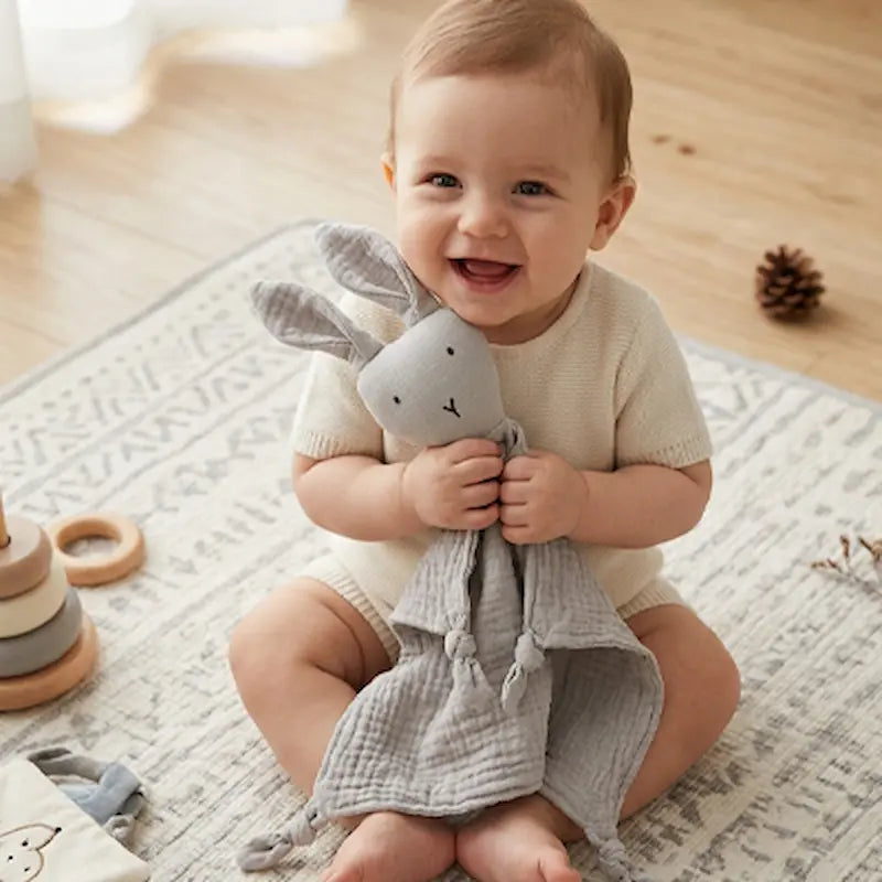 bébé heureux tient contre lui doudou lapin gris