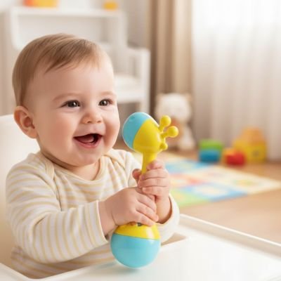 bebe heureux tient deux mains hochet bebe girafe