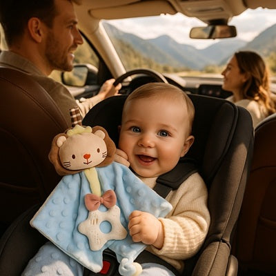 bebe heureux tient doudou bebe  lion dans siege auto voiture